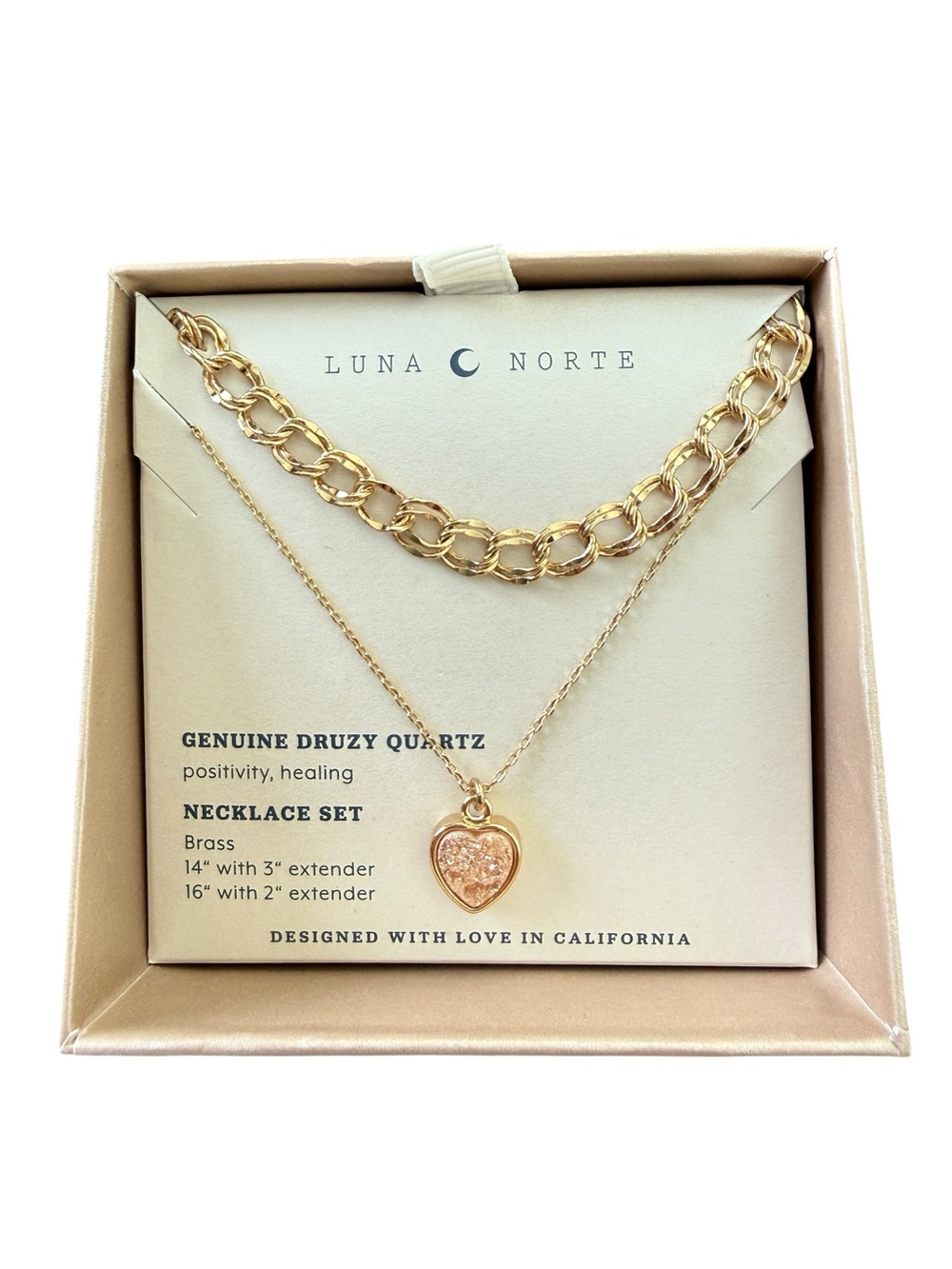 Luna Norte Genuine Druzy Quartz Heart Layered Necklace Set Gold Tone Brass NWT
